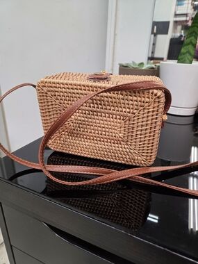 Woven Rattan Crossbody Bag in Tan with Brown Trim